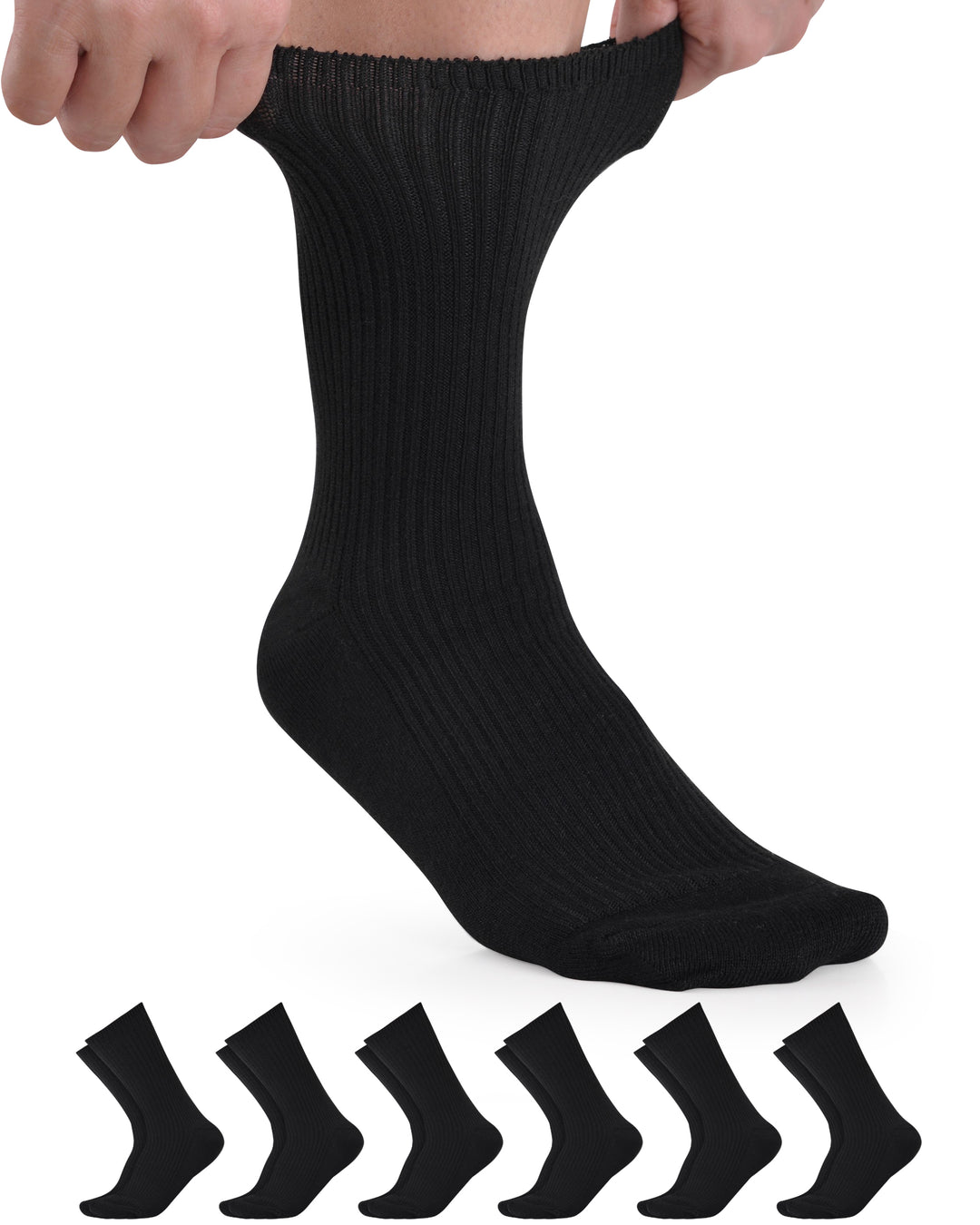 Person wearing a black sock with six additional black socks displayed below on a white background