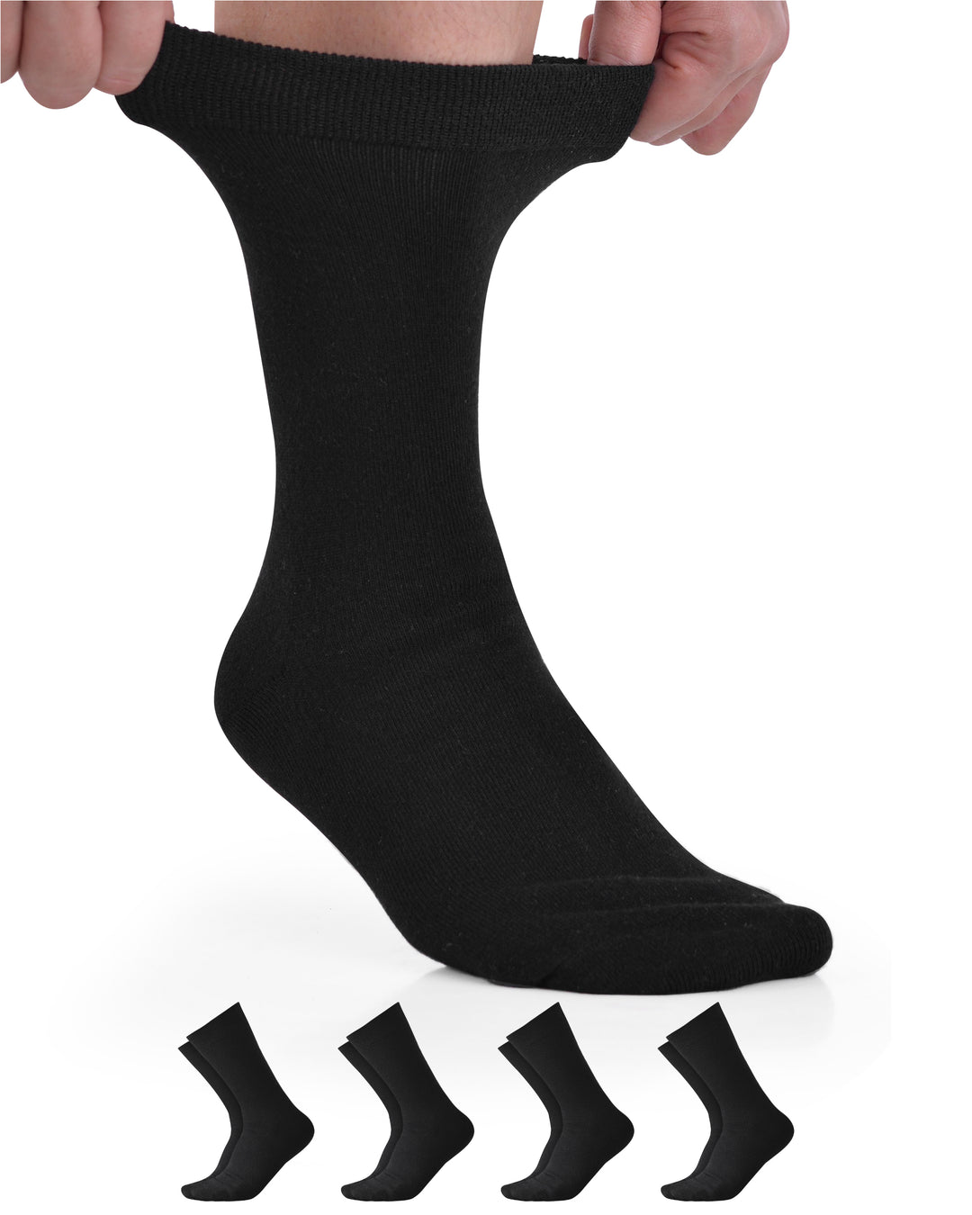 Person holding a black sock with five additional socks displayed below on a white background