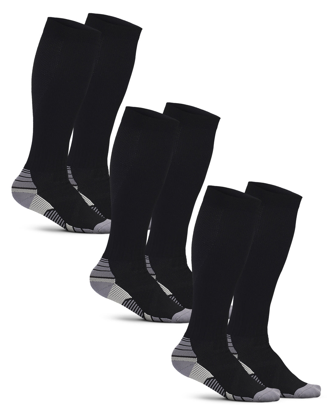 Set of black knee-high socks with gray stripes on a white background
