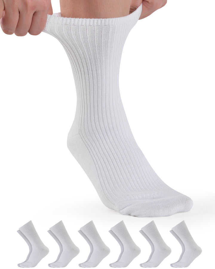 White socks being held up with six additional white socks displayed below on a white background