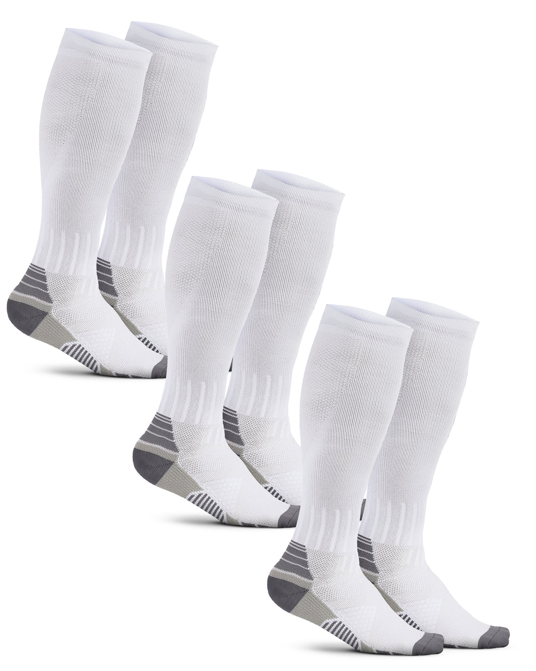 Set of white knee-high socks with gray accents on a white background
