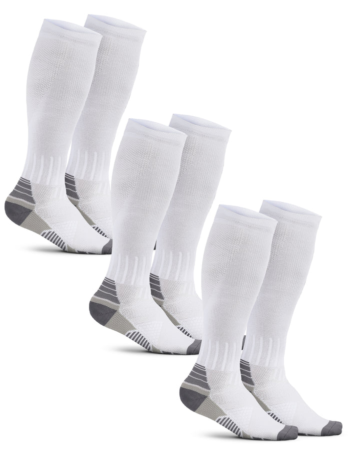 Set of white knee-high socks with gray accents on a white background