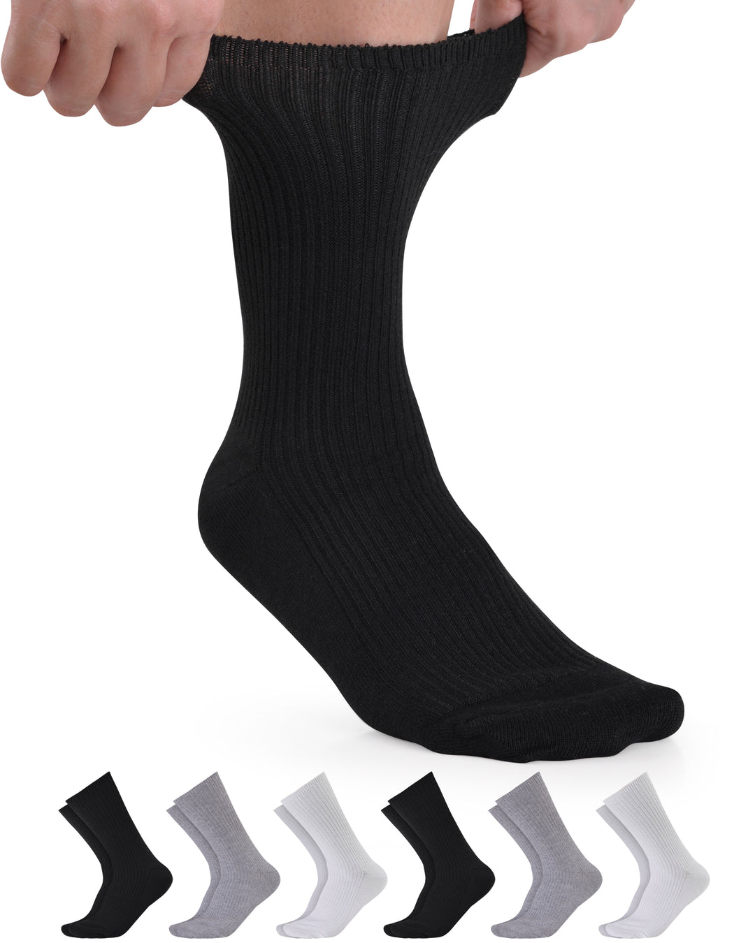 Black sock being held up with six pairs of black, gray, and white socks displayed below on a white background.