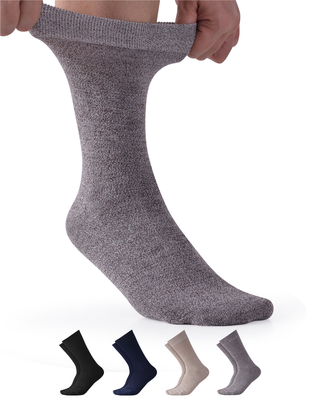Gray sock being held up with four other socks displayed below on a white background