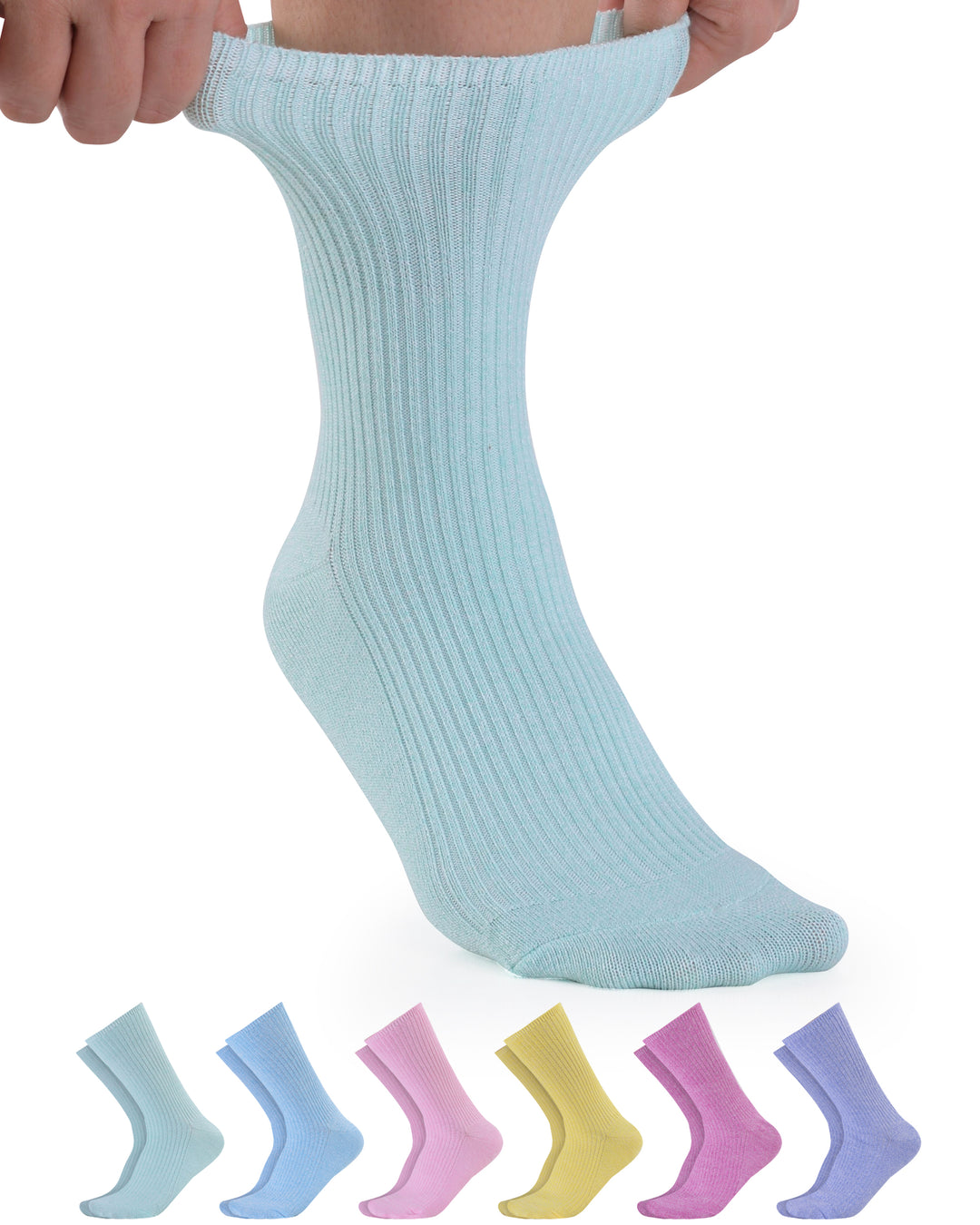 Light blue ribbed sock held up with six other colored socks displayed below on a white background