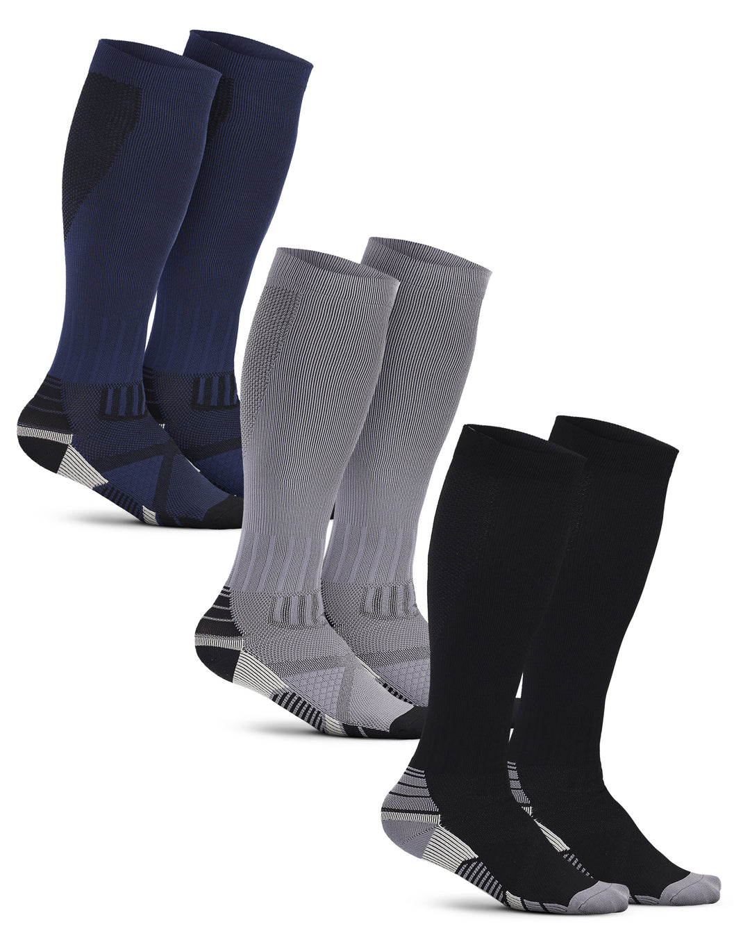 Set of three pairs of compression socks in navy, gray, and black on a white background