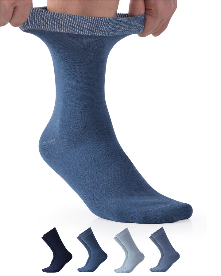 Blue sock being held up with four other socks displayed below on a white background