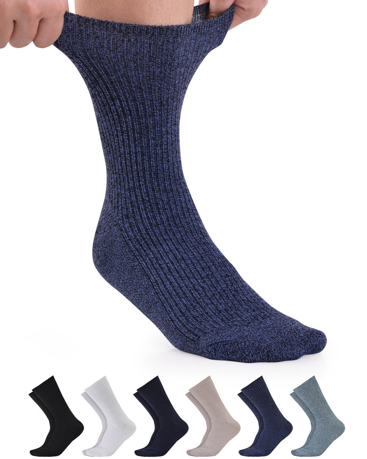 Navy sock held up with six other socks displayed below on a white background