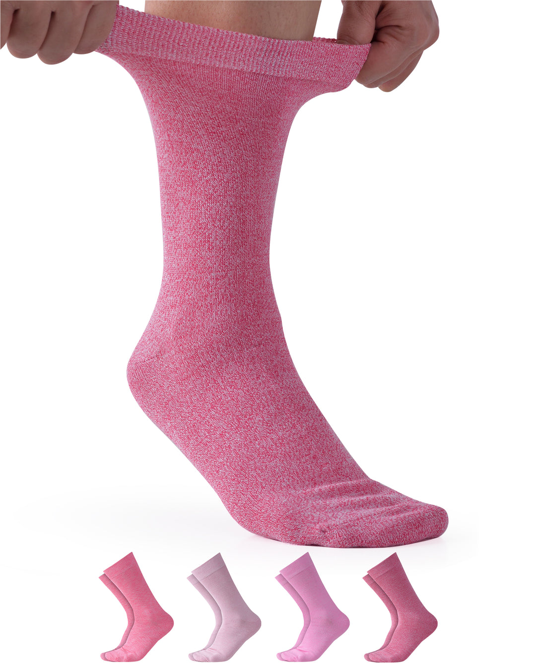 Pink sock being worn with four additional pink socks displayed below on a white background