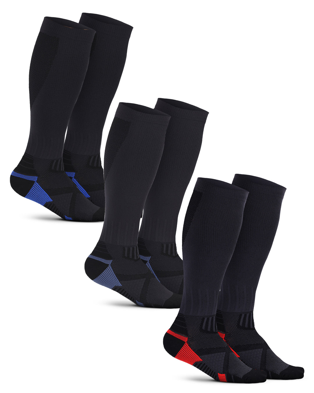 Set of black knee-high socks with blue and red accents on a white background