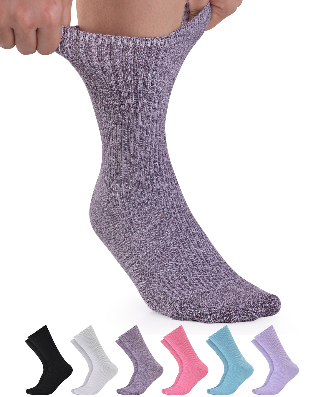 Purple sock being worn with six other pairs of socks displayed below on a white background