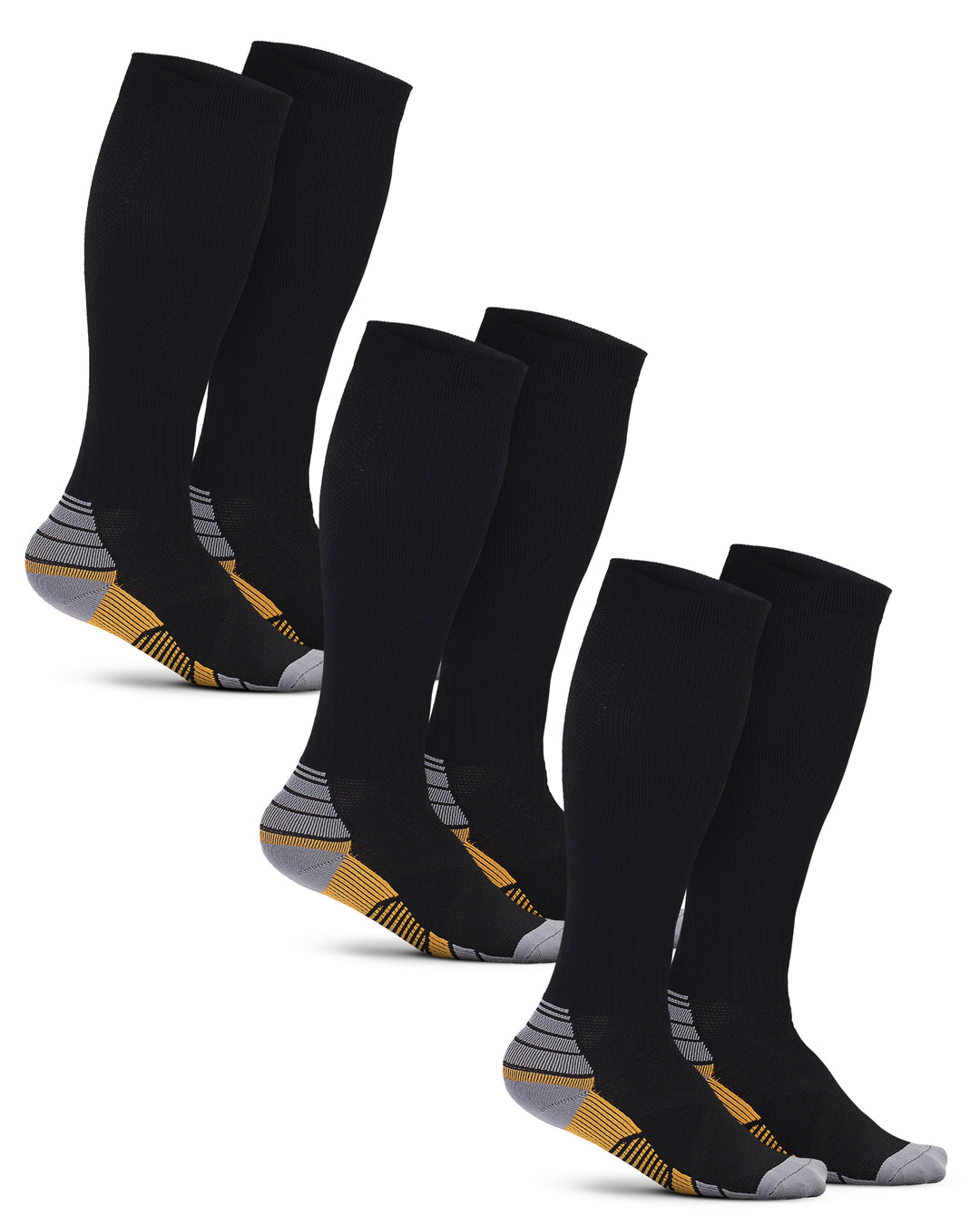 Set of black knee-high socks with gray and yellow accents on a white background
