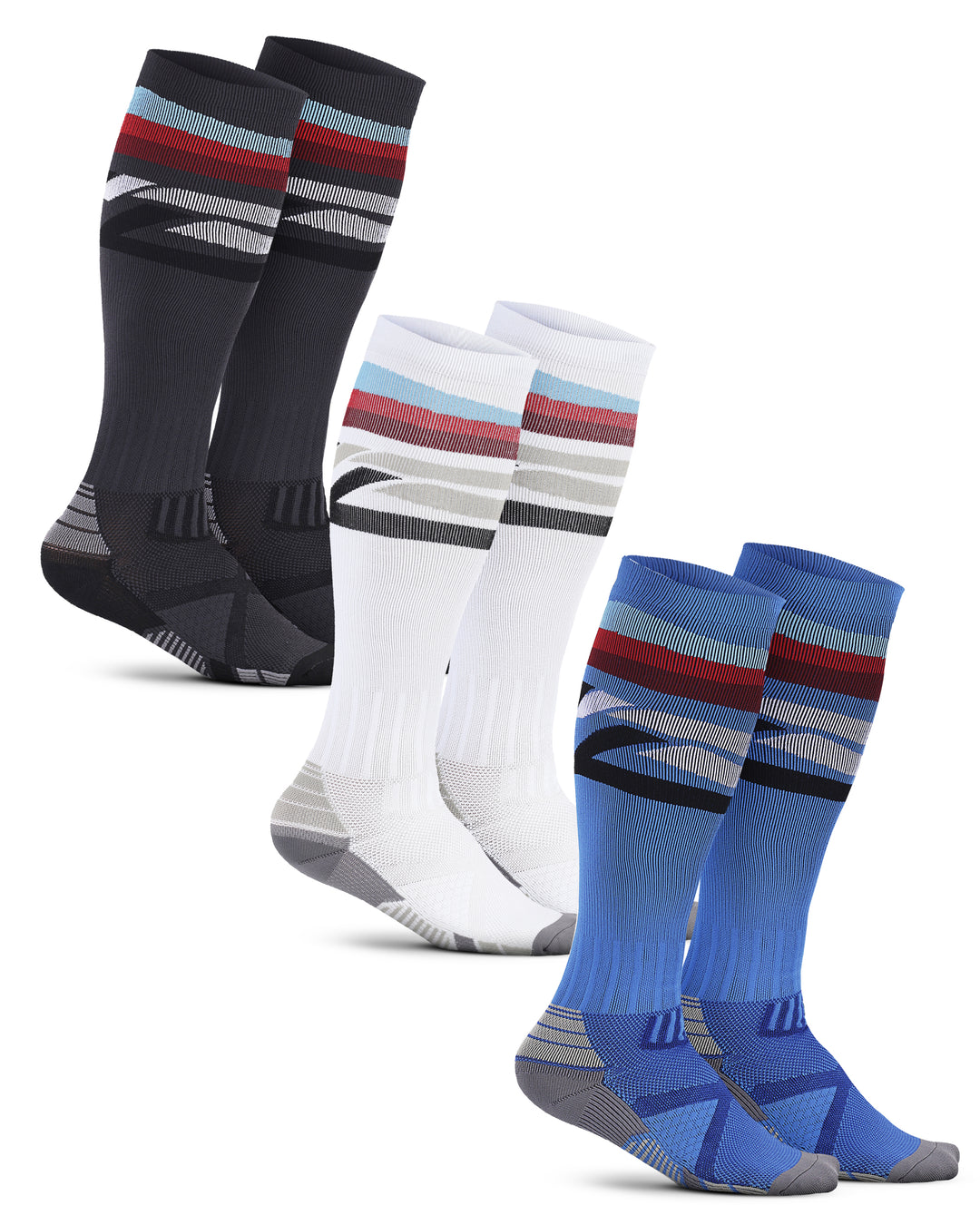 Set of three pairs of socks in black, white, and blue with striped patterns on a white background.