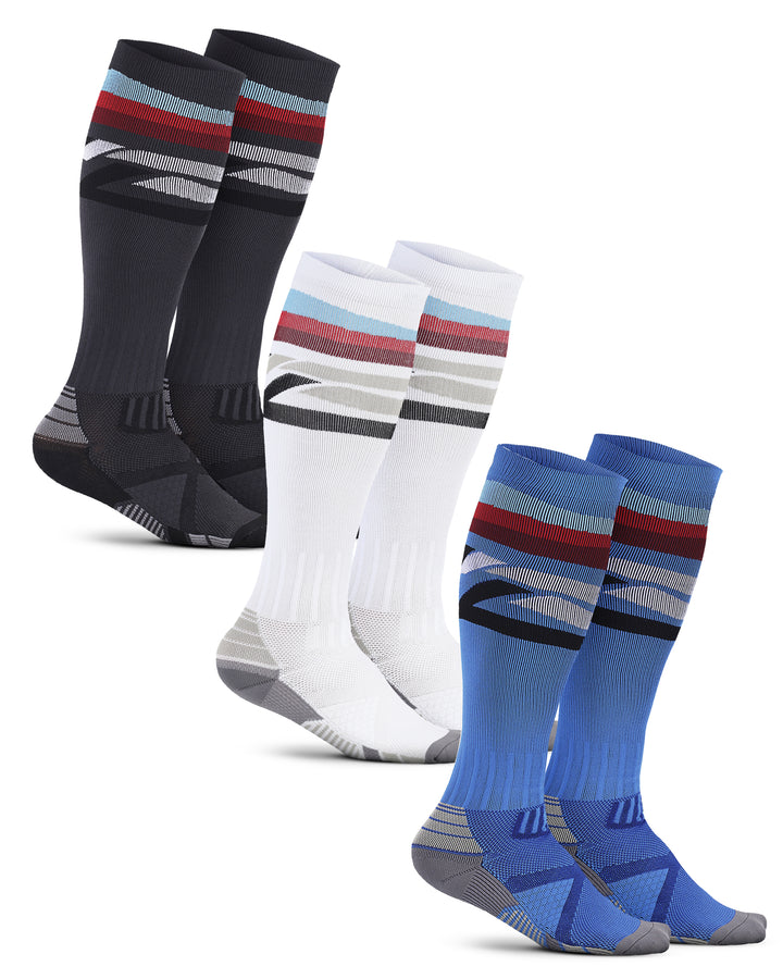 Set of three pairs of socks in black, white, and blue with striped patterns on a white background.