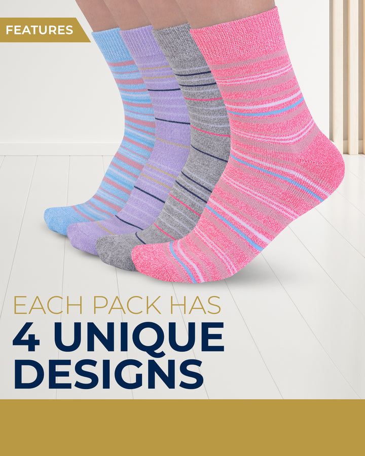 Four pairs of striped socks in blue, purple, gray, and pink on a white surface with text indicating unique designs.