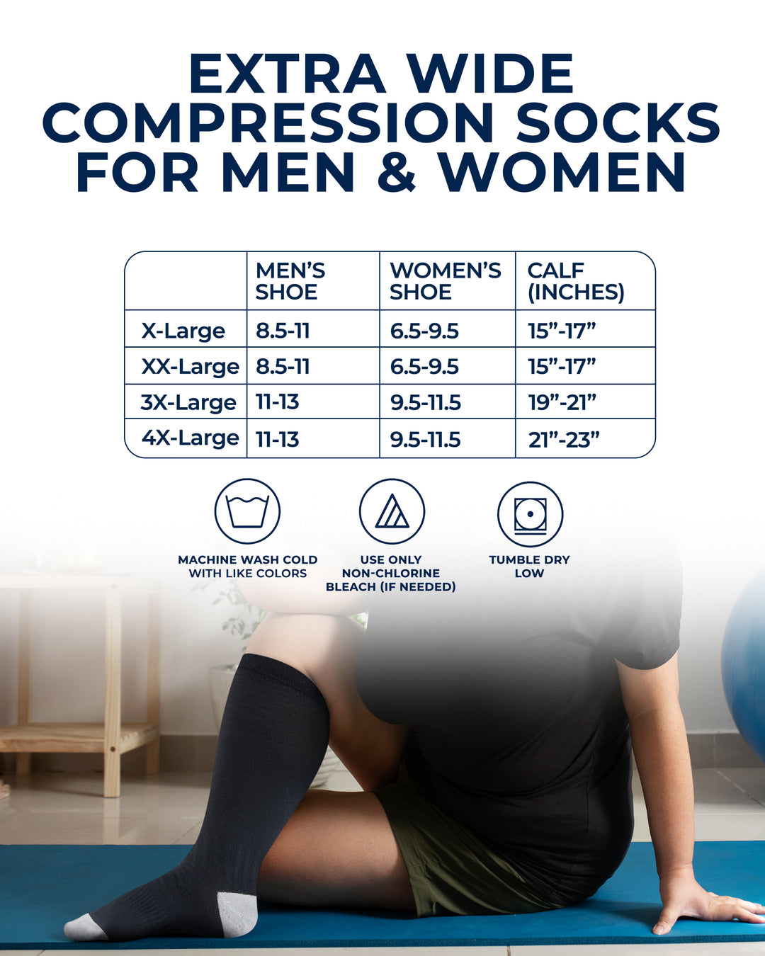 Person wearing black compression socks with size chart and care instructions on a white background