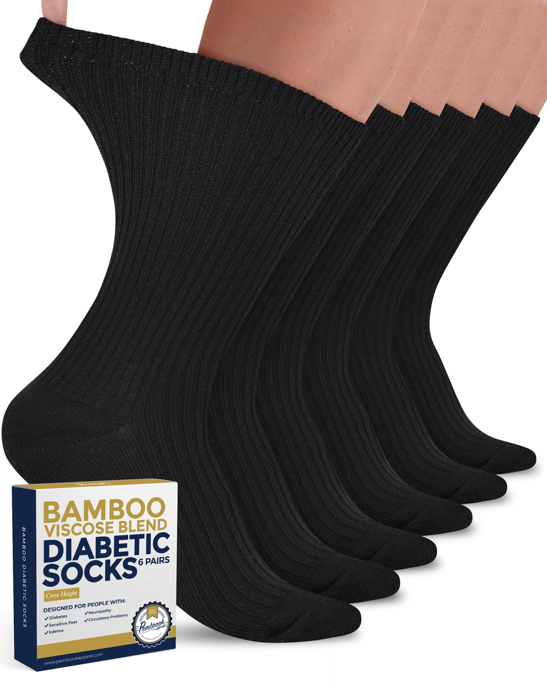 Black diabetic socks with a box labeled &