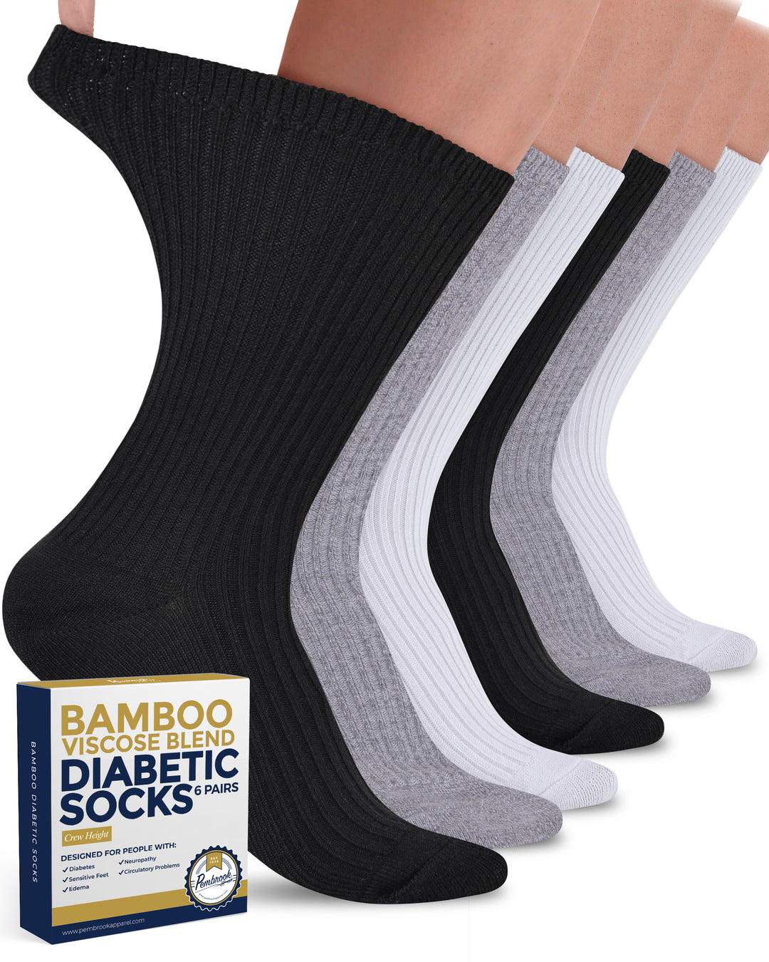 Set of black, gray, and white diabetic socks with a box labeled &