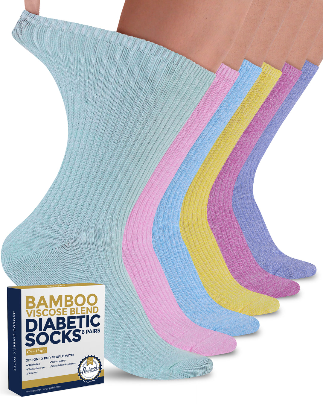Set of pastel-colored diabetic socks with a box labeled &