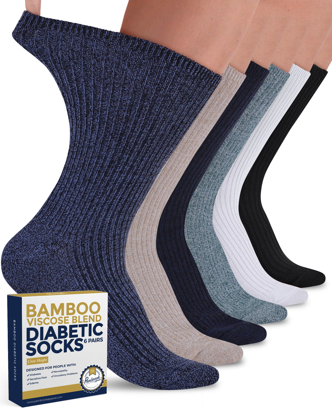 Set of bamboo viscose blend diabetic socks in various colors with a box of socks in the foreground.