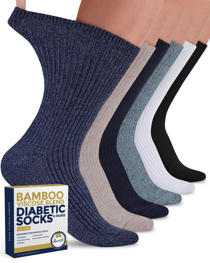 Set of bamboo viscose blend diabetic socks in various colors with a box of socks in the foreground.