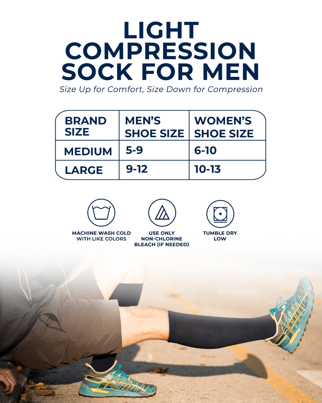 Light compression sock for men with size chart and care instructions on a blurred background