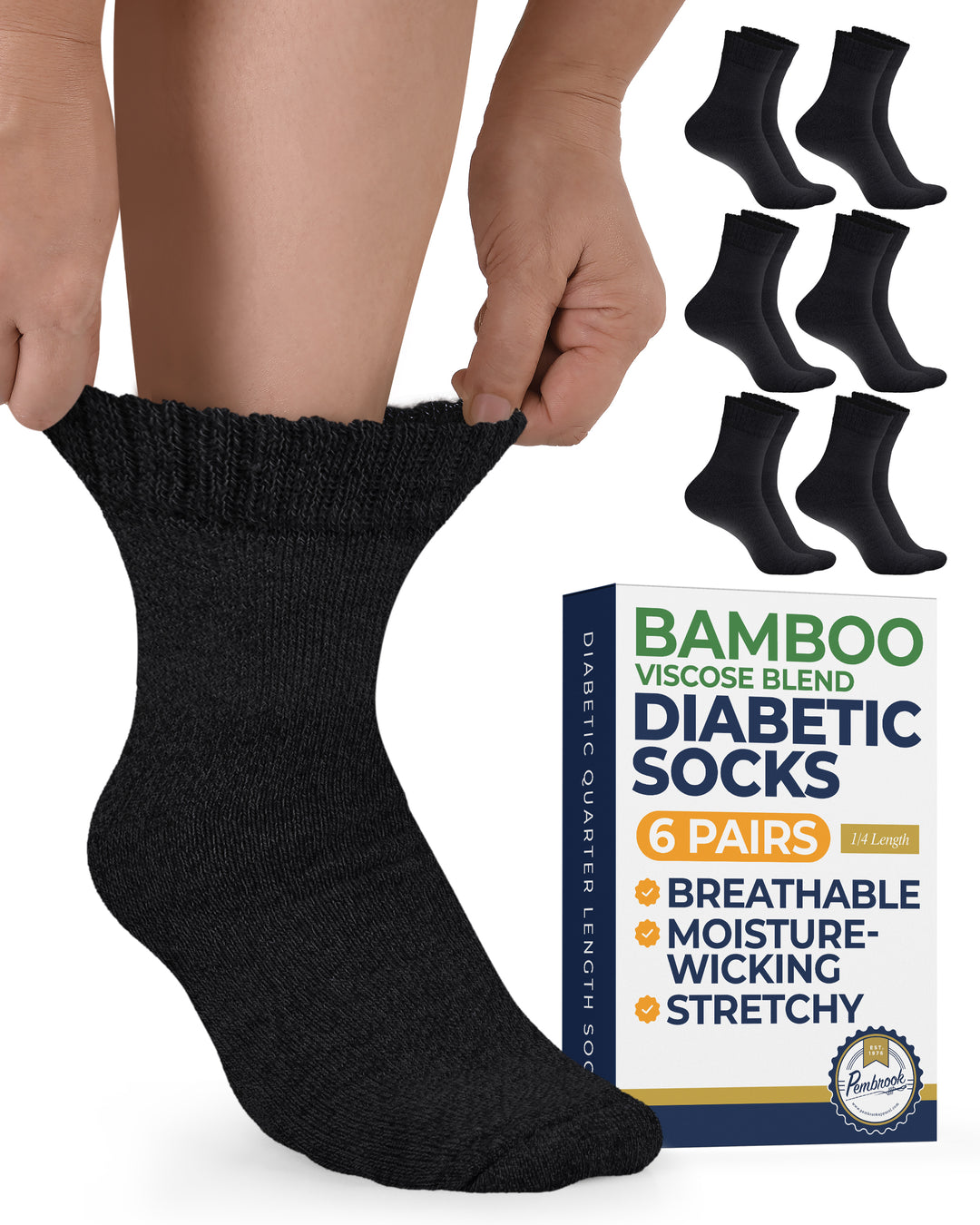 Black diabetic socks with packaging and additional pairs displayed on a white background