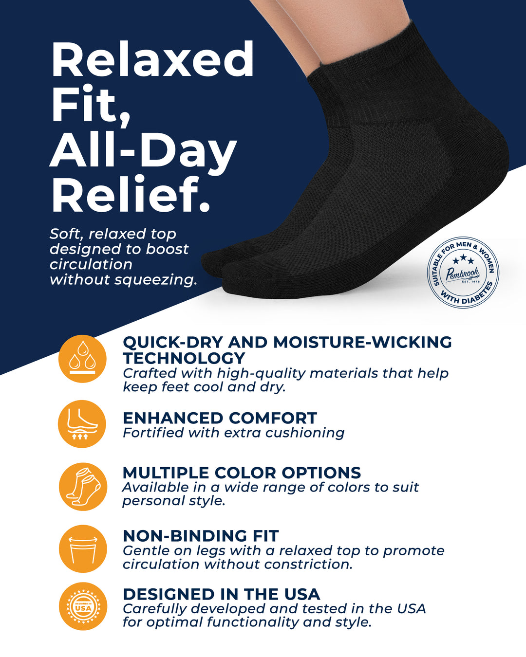 Black sock with product features on a blue and white background
