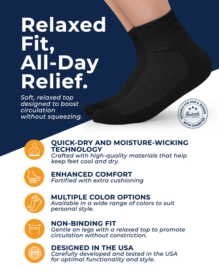 Black sock with product features on a blue and white background