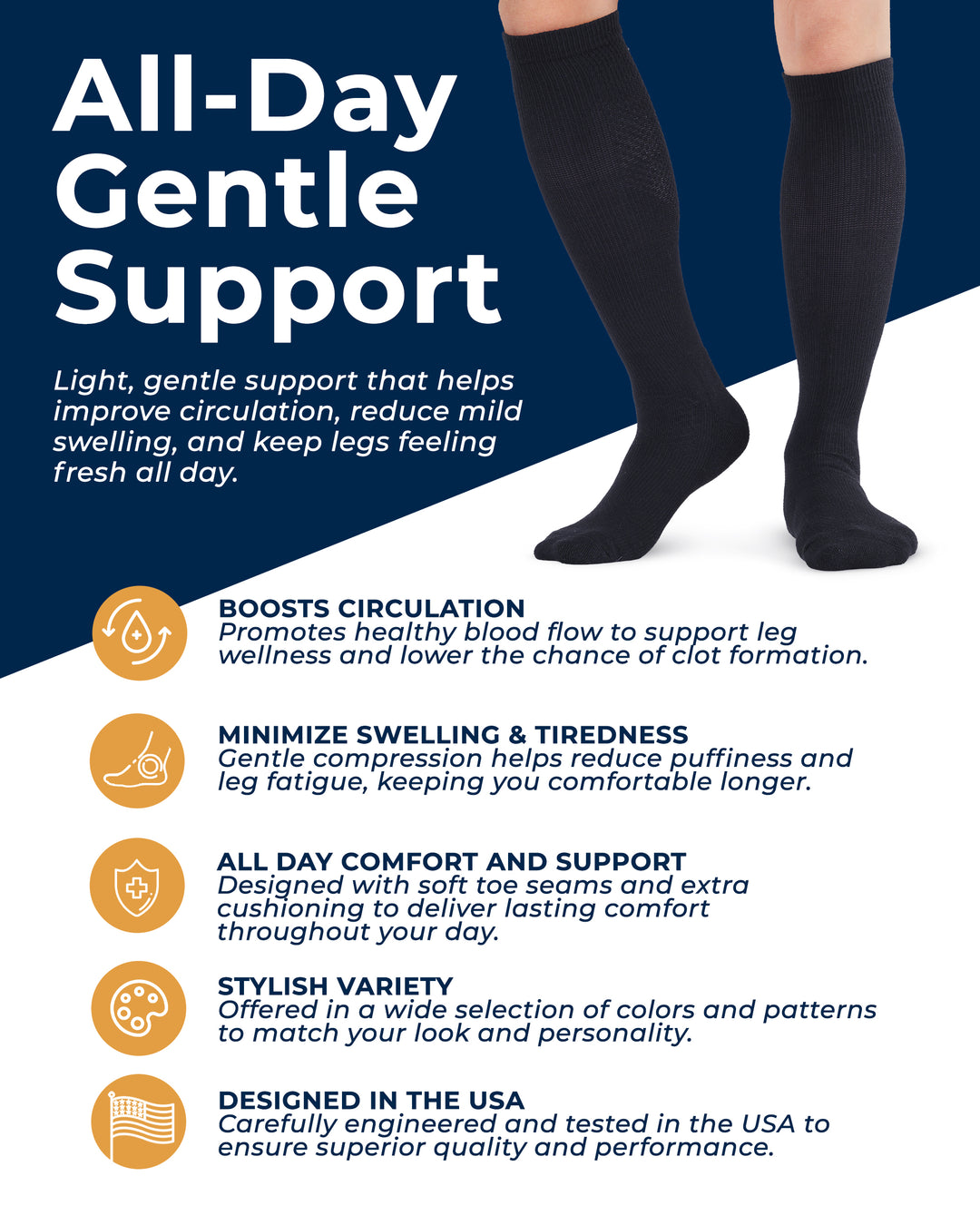 Black compression socks with text highlighting features on a blue and white background