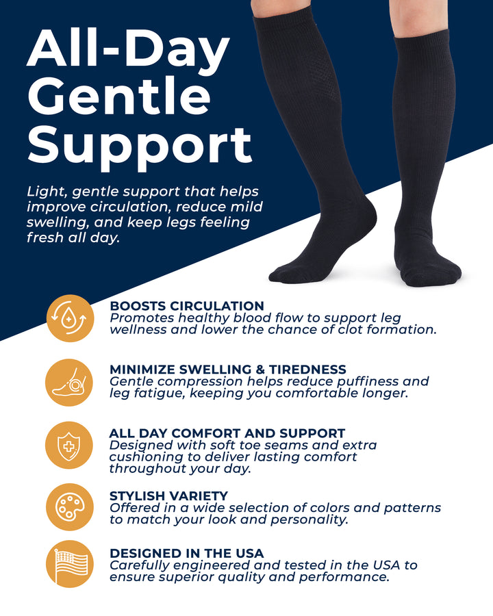 Black compression socks with text highlighting features on a blue and white background