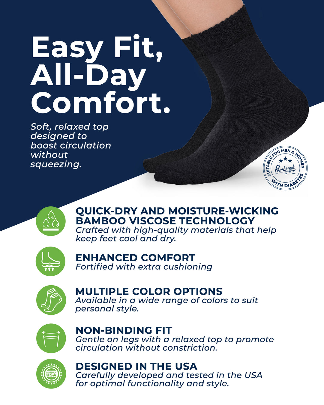 Black sock with text about comfort and features on a blue and white background