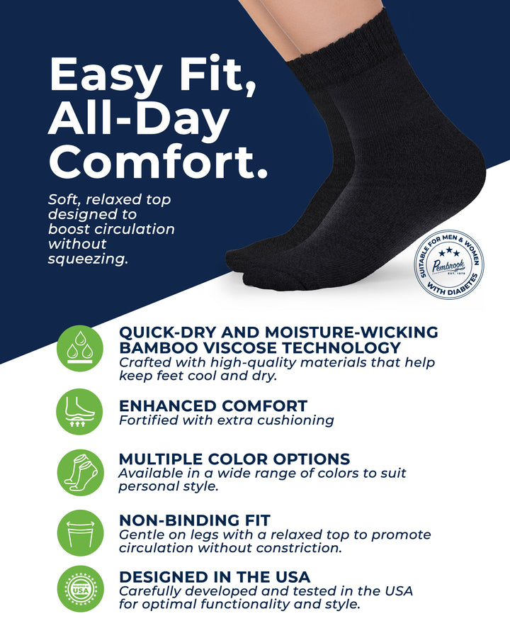Black sock with text about comfort and features on a blue and white background