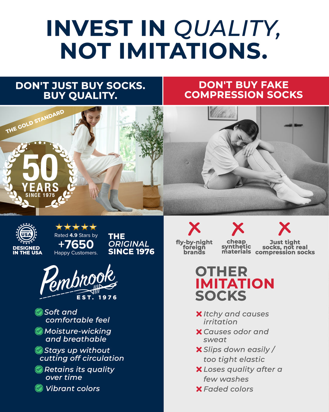 Advertisement for Pembrook socks with text about quality and compression, featuring a woman sitting on a couch and a woman sitting on the floor.