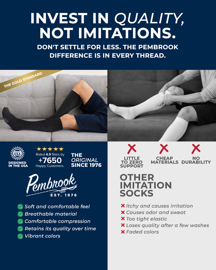 Advertisement for Pembrook socks highlighting quality and durability, with text and images of people wearing socks.
