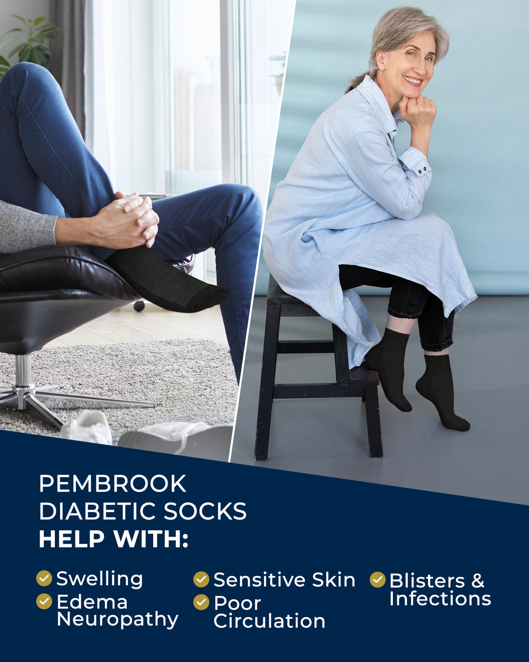 Advertisement for Pembrook diabetic socks featuring a person sitting on a chair and another standing against a blue wall.