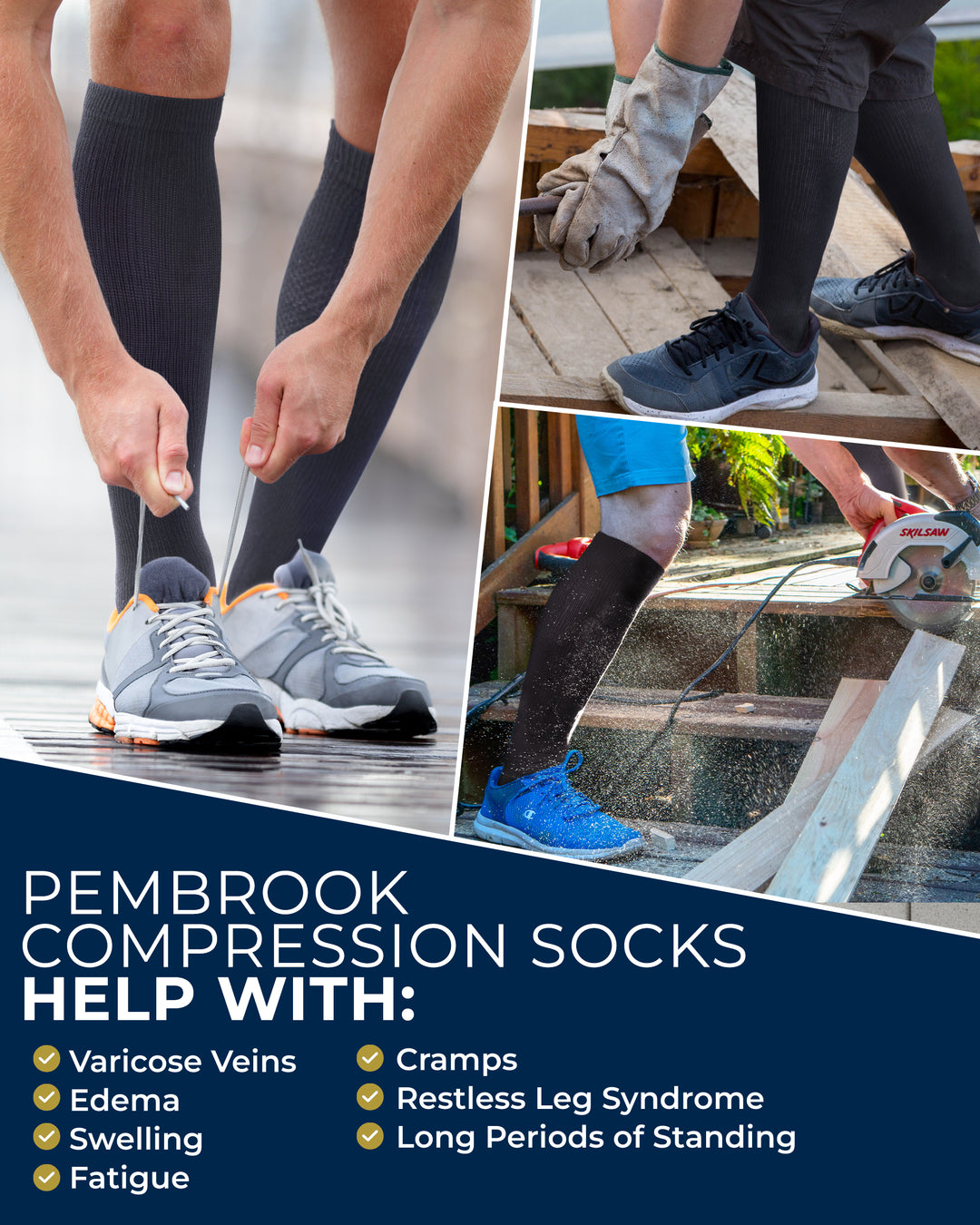Collage of people wearing compression socks with text highlighting benefits of Pembrook compression socks.