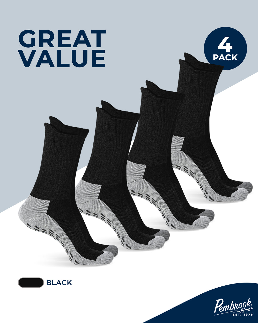 Four pairs of black socks with gray toes and heels on a light blue background, labeled &