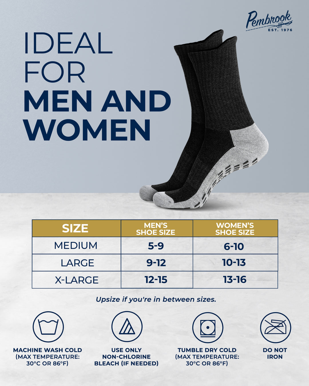 Black socks with gray toes and soles on a light gray background, featuring a size chart and care instructions.