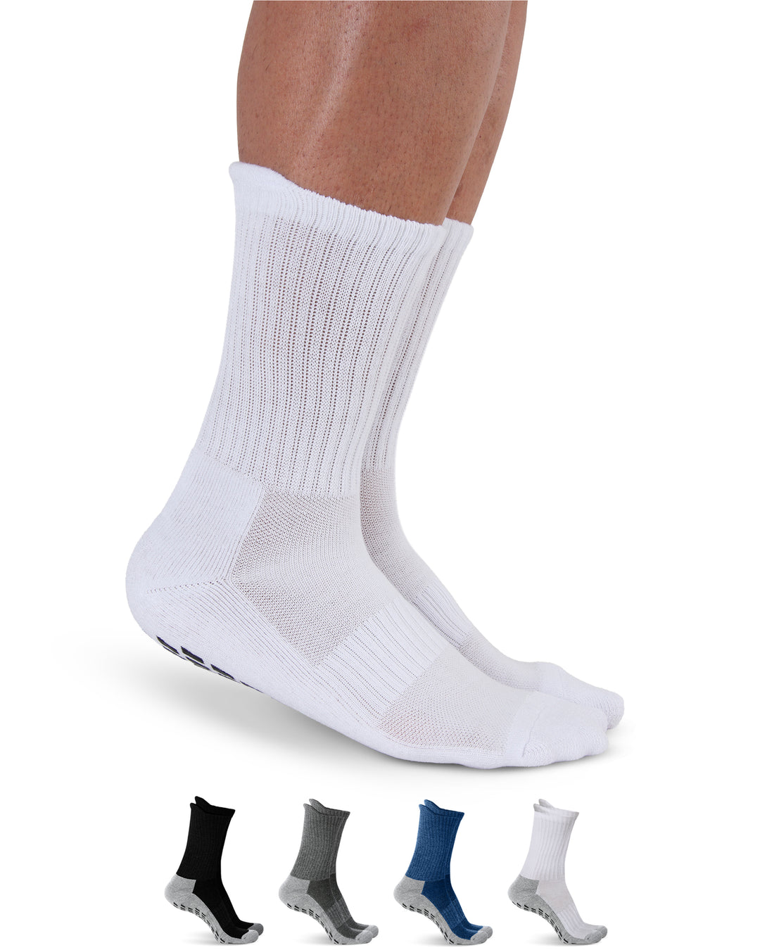 White socks being worn with a display of additional sock colors below on a white background