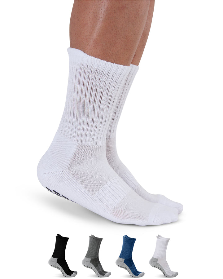 White socks being worn with a display of additional sock colors below on a white background