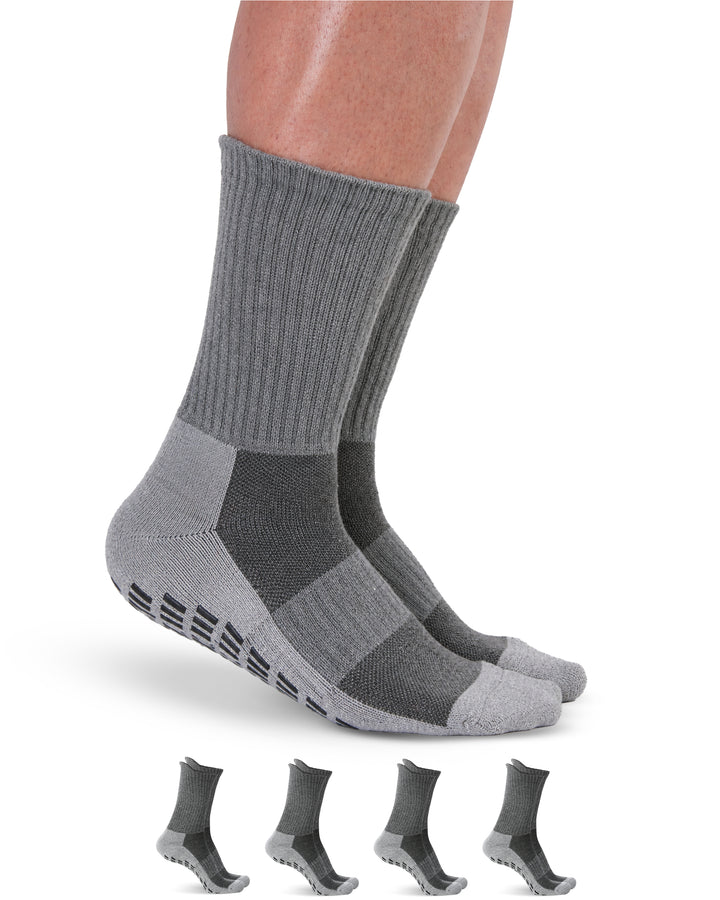 Gray socks with textured sole on a white background
