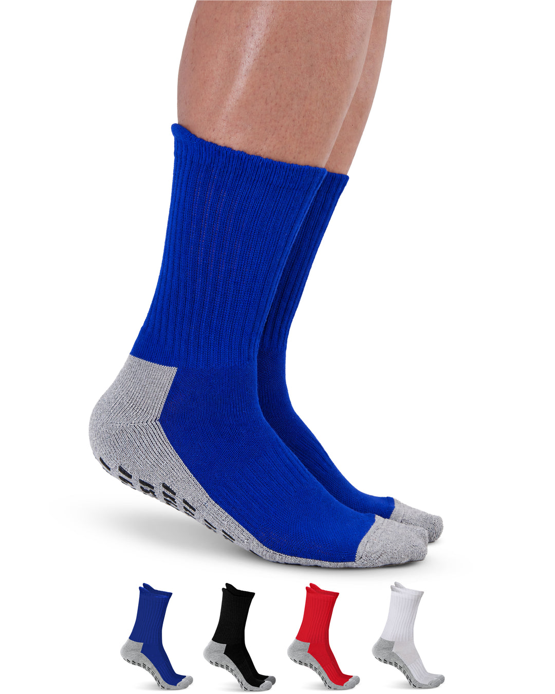 Blue socks with gray toes and heels on a white background