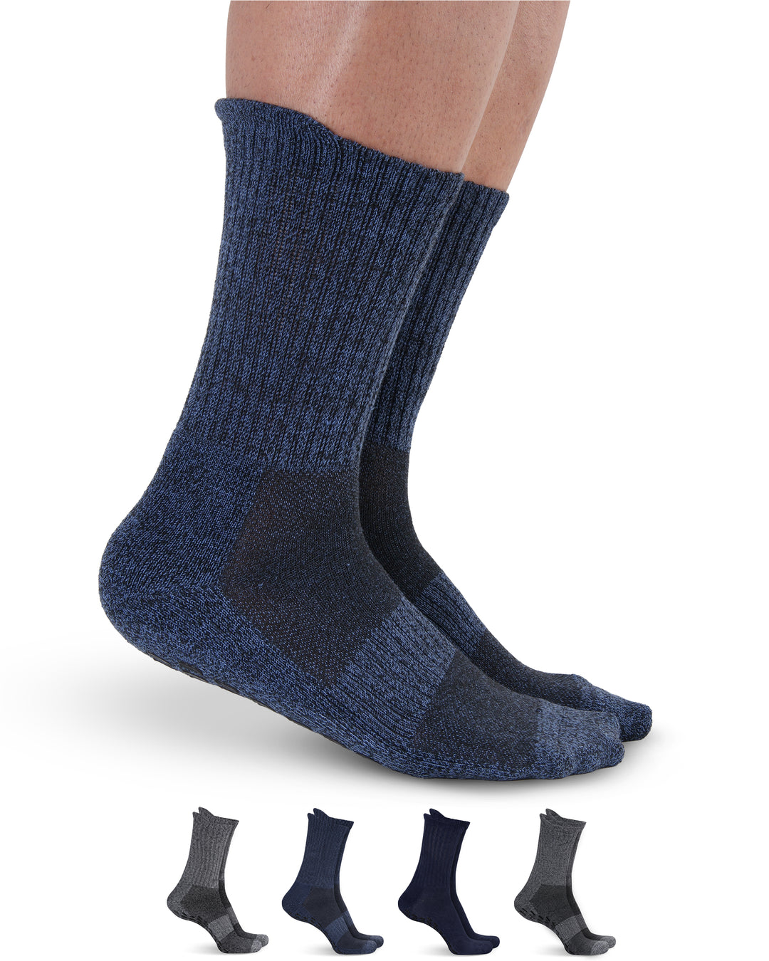 Blue socks with a color swatch of various shades on a white background
