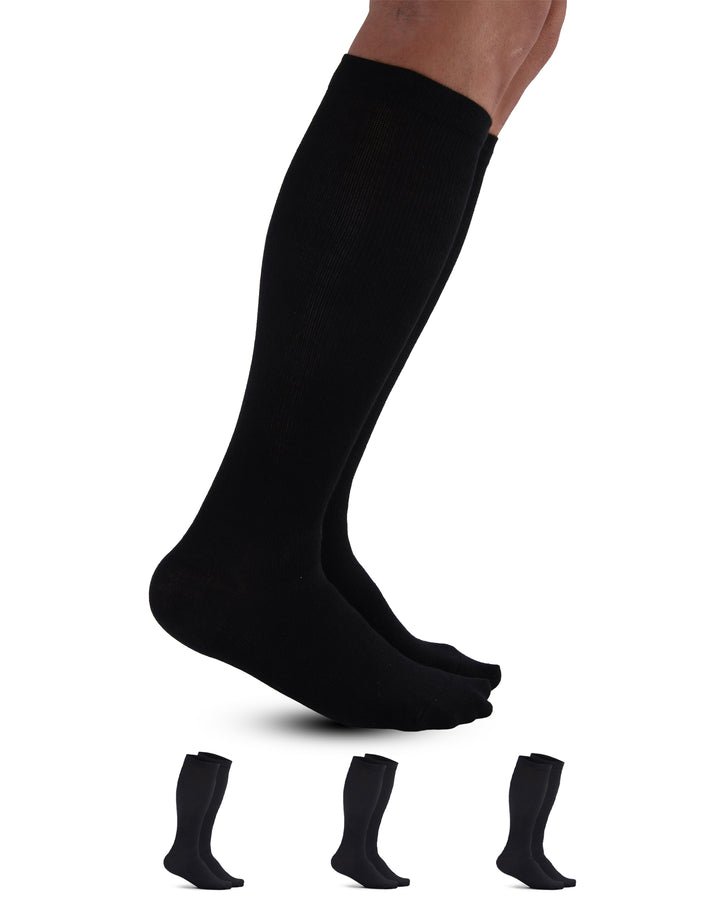 Black knee-high socks with additional pairs displayed below on a white background