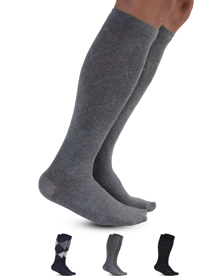 Gray knee-high socks with a smaller inset showing three additional sock styles on a white background.