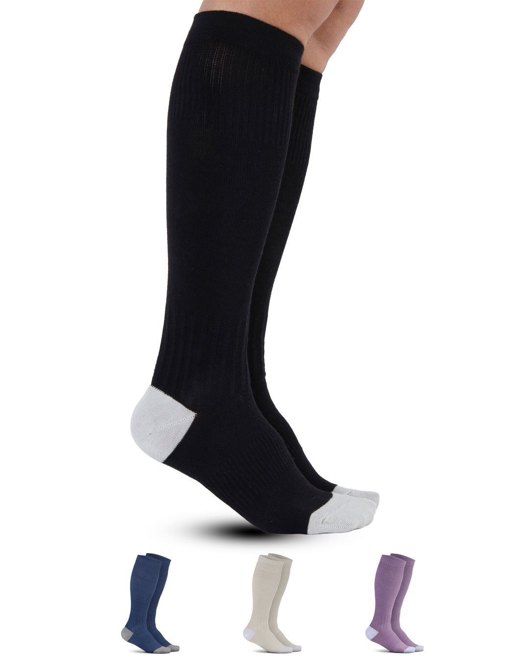 Black knee-high socks with white accents on a white background