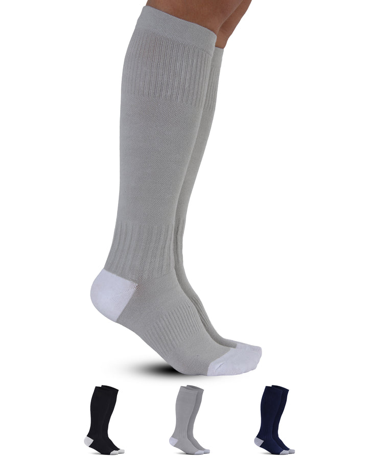 Gray knee-high socks with white accents on a white background