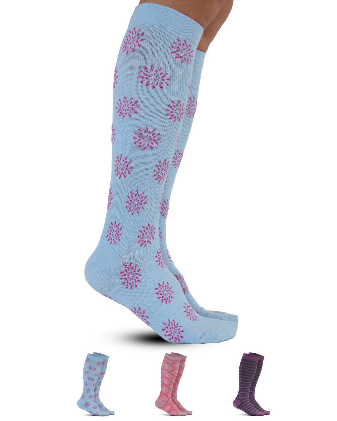 Light blue knee-high socks with pink floral pattern, displayed on a white background.