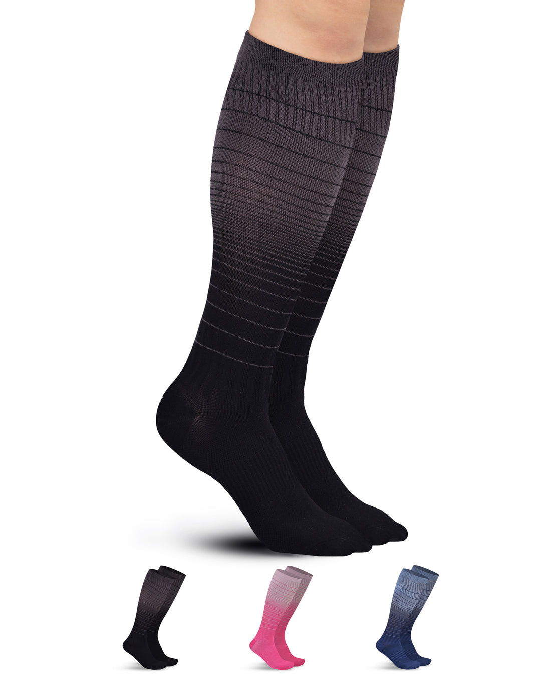 Black knee-high socks with additional pairs in different colors on a white background